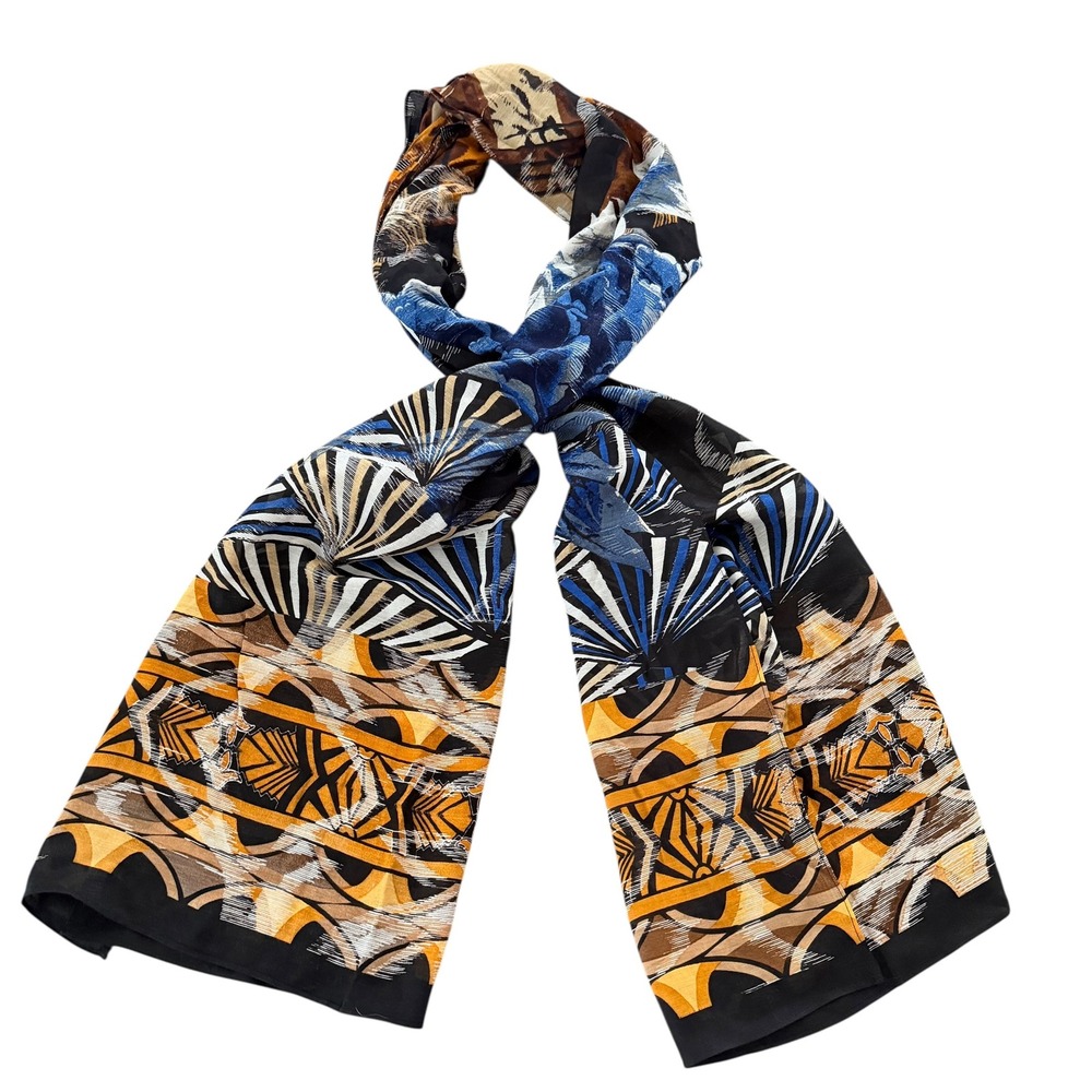 Chicos Women Blue Gold Geometric Floral Silk Blend Lightweight Rectangular Scarf